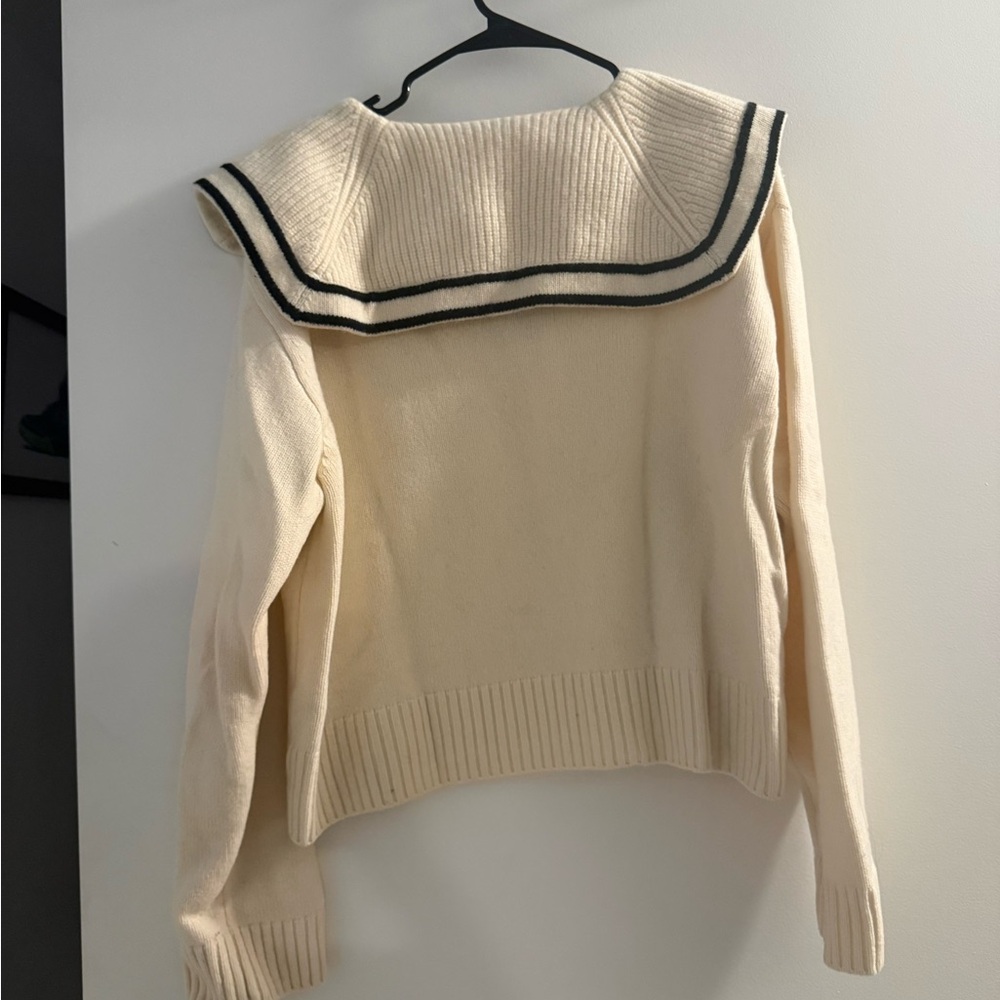 Sandro Cream V-Neck Sweater with Sailor Collar - Picture 6 of 7